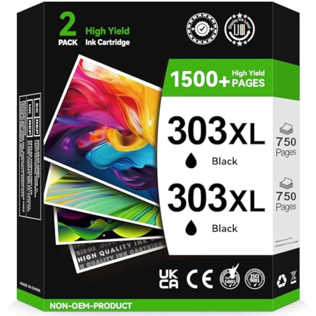 INKYEAH 303XL Black Ink Cartridges 2-Pack for HP Envy Photo & Tango