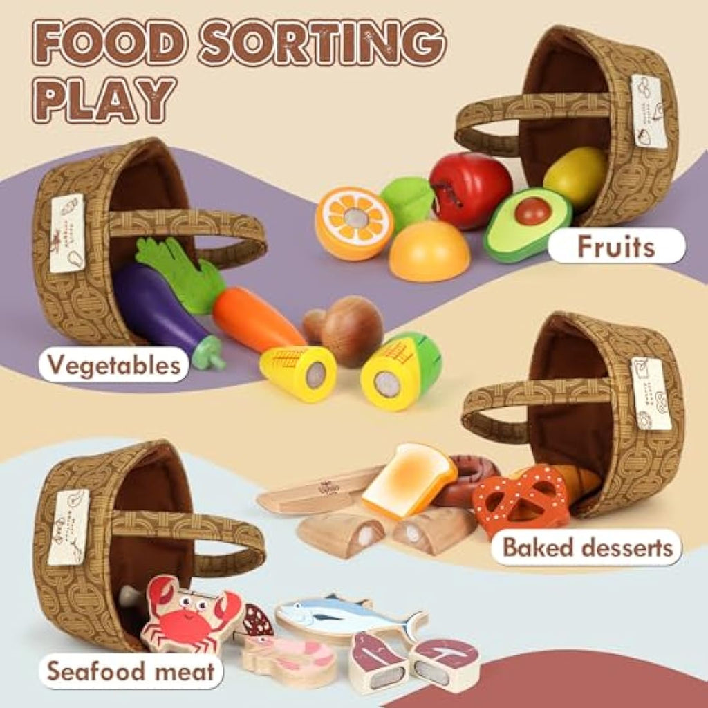 Lehoo Castle Wooden Play Food Set – 23pc Montessori Kitchen Toy with Baskets