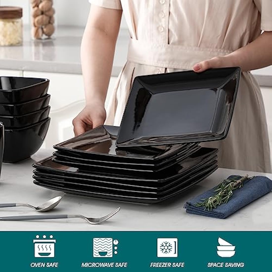 vancasso Soho 16-Piece Black Stoneware Dinner Set | Square Plates and Bowls