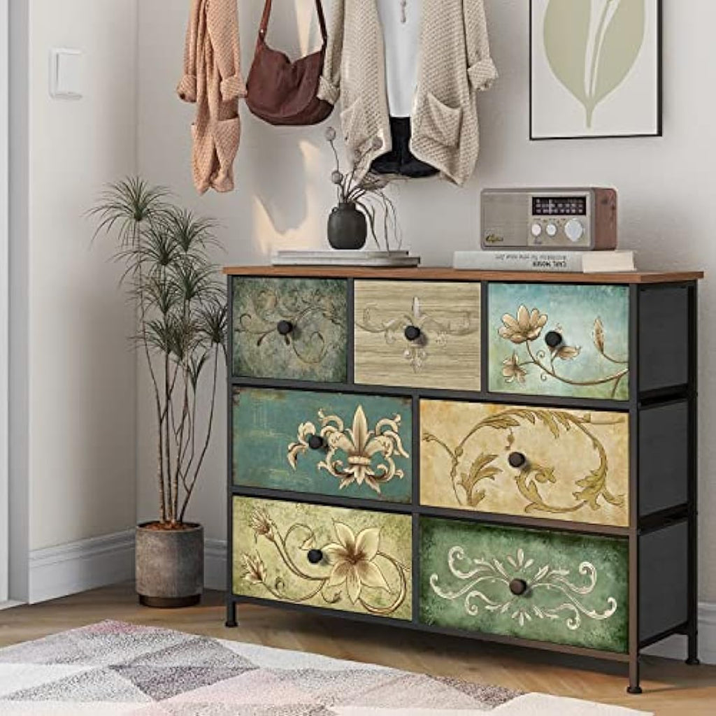 VEDECASA 7 Drawer Dresser – Vintage Fabric Chest of Drawers Storage Unit