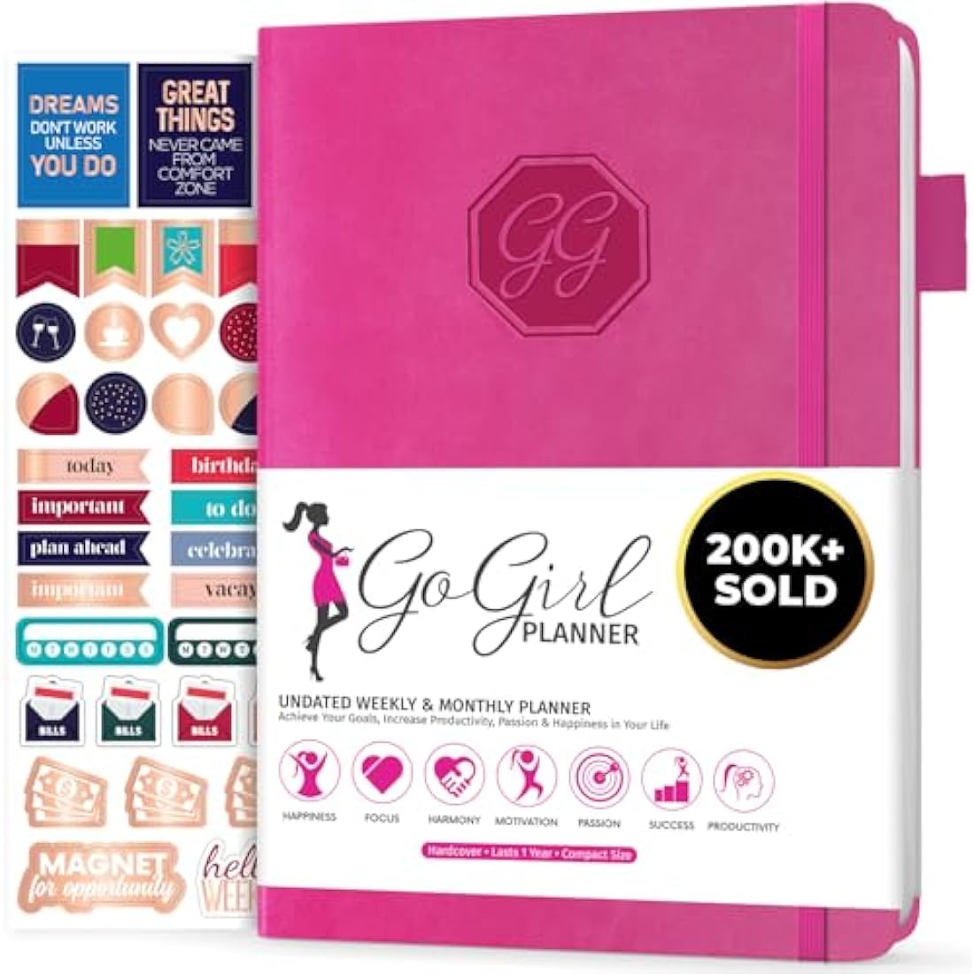 GoGirl Undated Weekly Planner – Compact Goal Journal & Organizer, Hot Pink
