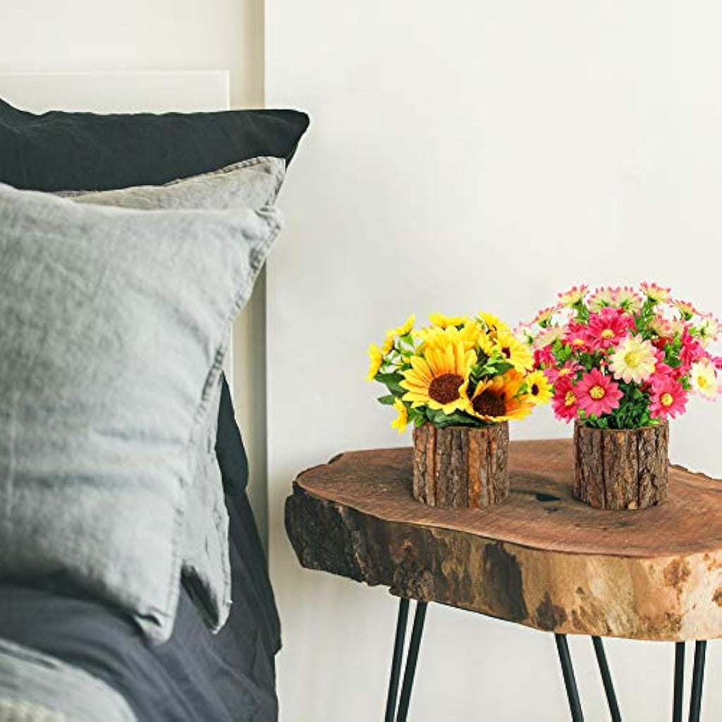 Artificial Sunflowers | Potted Fake Plants with Bark Pots