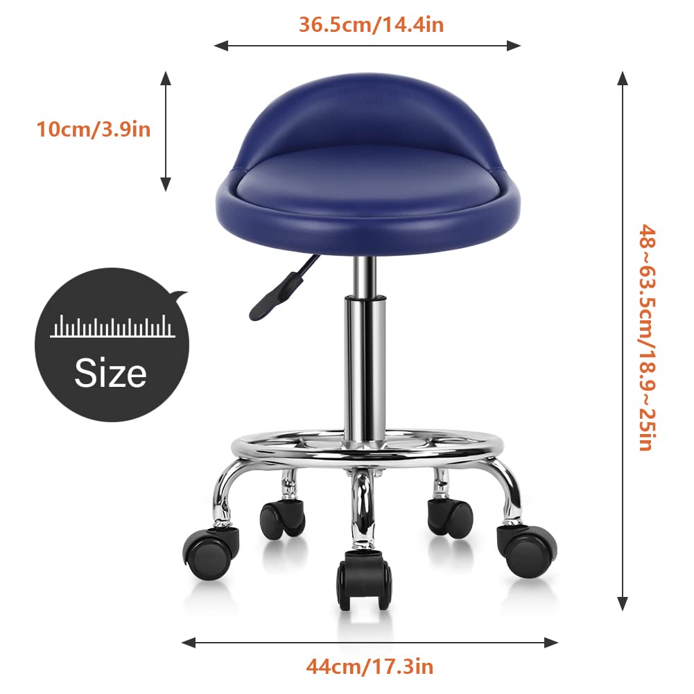 KKTONER Blue PU Leather Rolling Stool - Adjustable Swivel SPA Chair