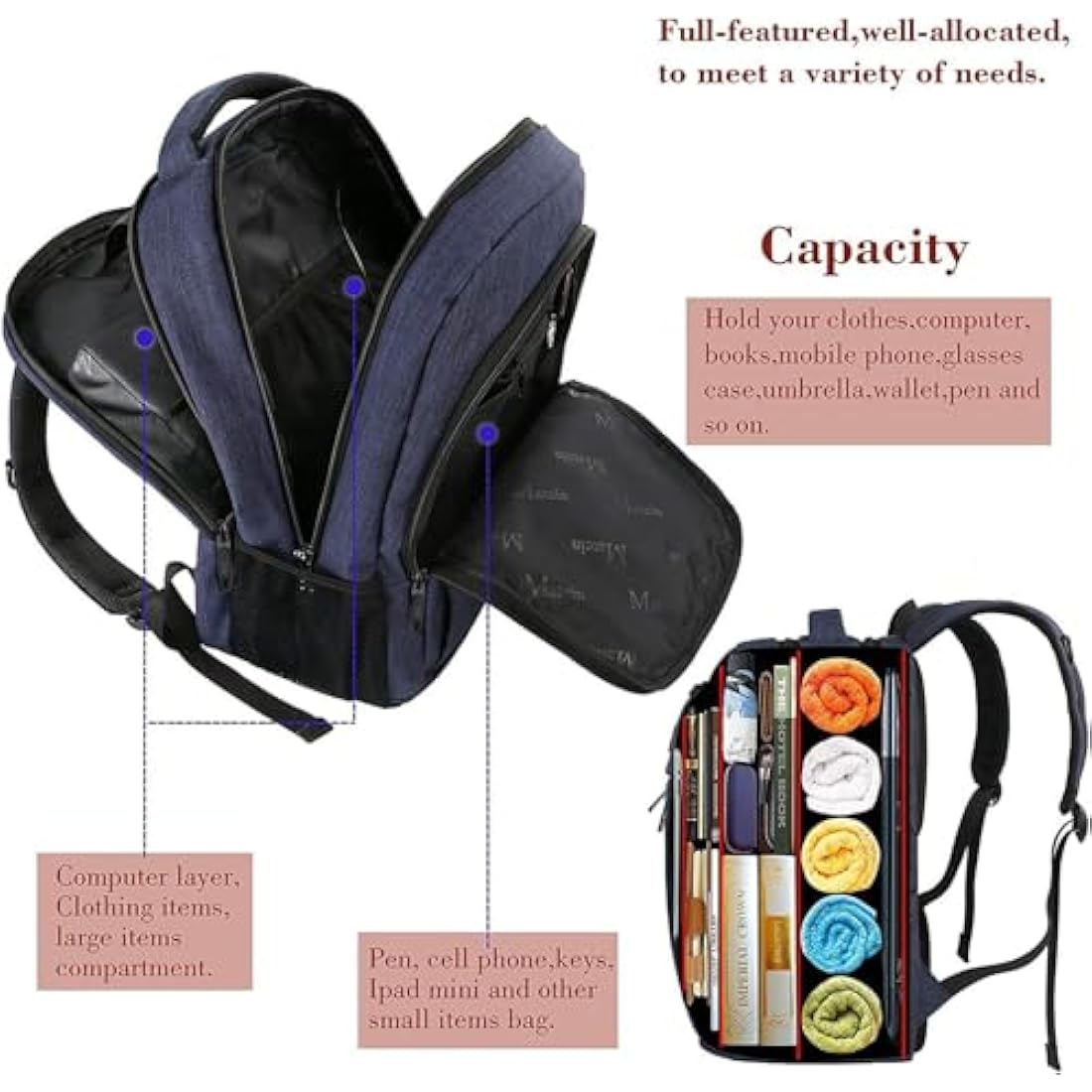 MATEIN 15.6" Travel Laptop Backpack | USB Charging & Anti-Theft - Navy