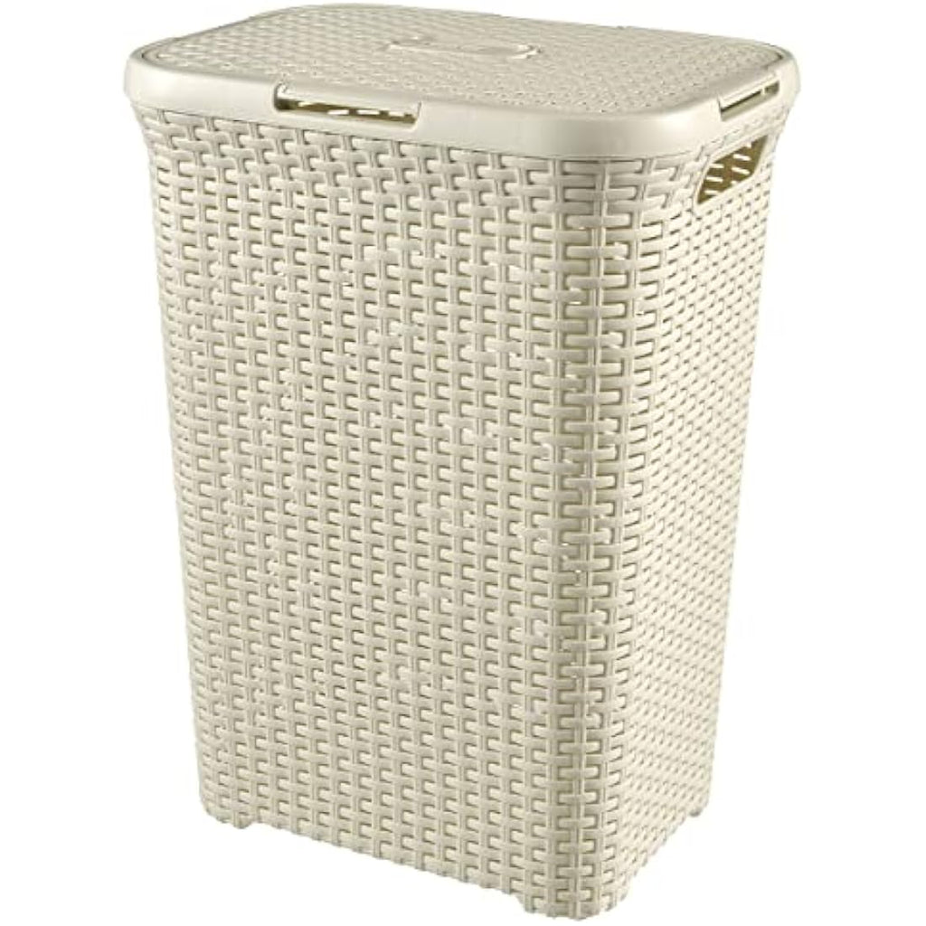 Curver 60L Laundry Hamper – Rattan Style Bathroom Storage, Vintage White
