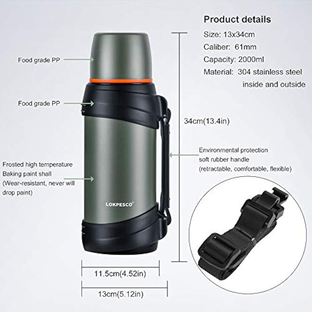 LOKPESCO 2L Stainless Steel Vacuum Insulated Flask with 2 Cups
