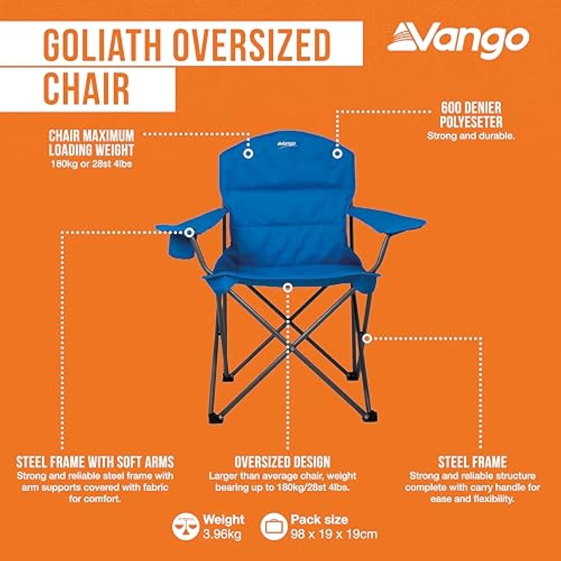 Vango Goliath X-Large Padded Camping Chair | Heavy Duty 180kg - Blue
