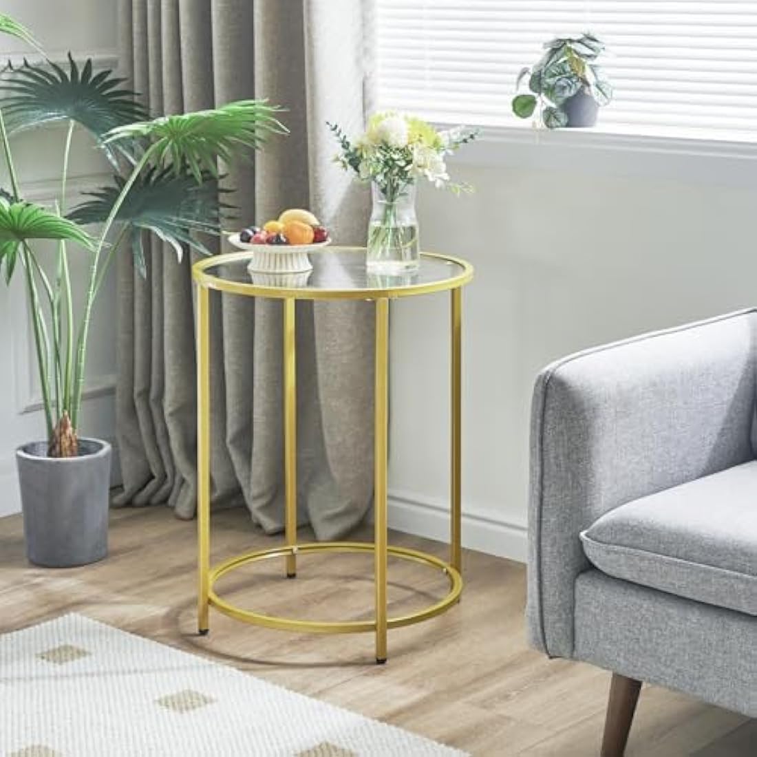 YMYNY Round Side Table | 2-Tier Gold Metal & Tempered Glass End Table