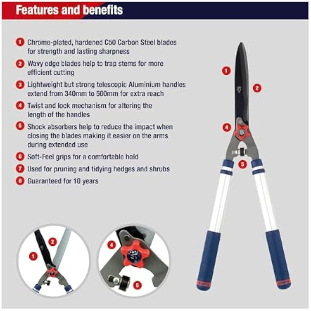 Spear & Jackson Telescopic Hedge Shears – Carbon Steel Blades, Blue