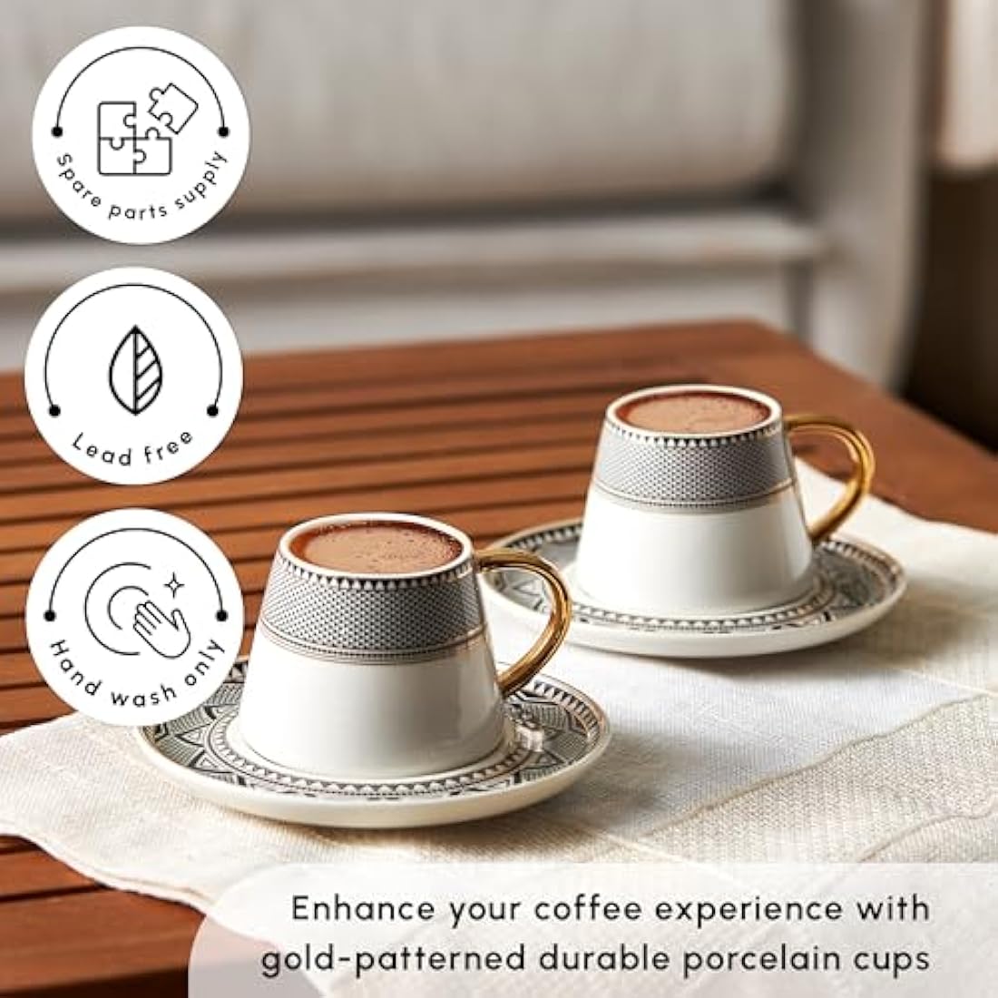 Karaca Globe Porcelain Turkish Coffee Cup Set - 12 Piece Gold Rim Espresso