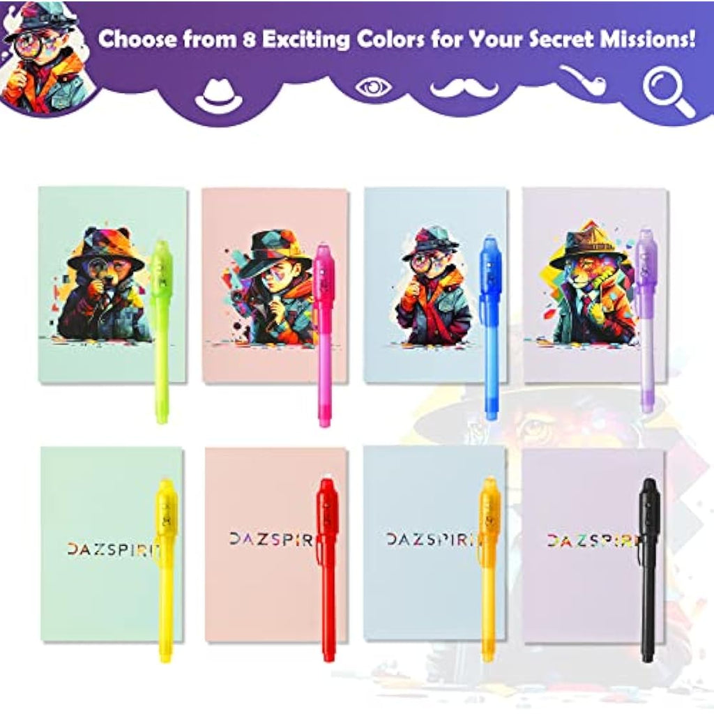 DazSpirit 16 Pack Invisible Ink Spy Pens with UV Light and Notebooks