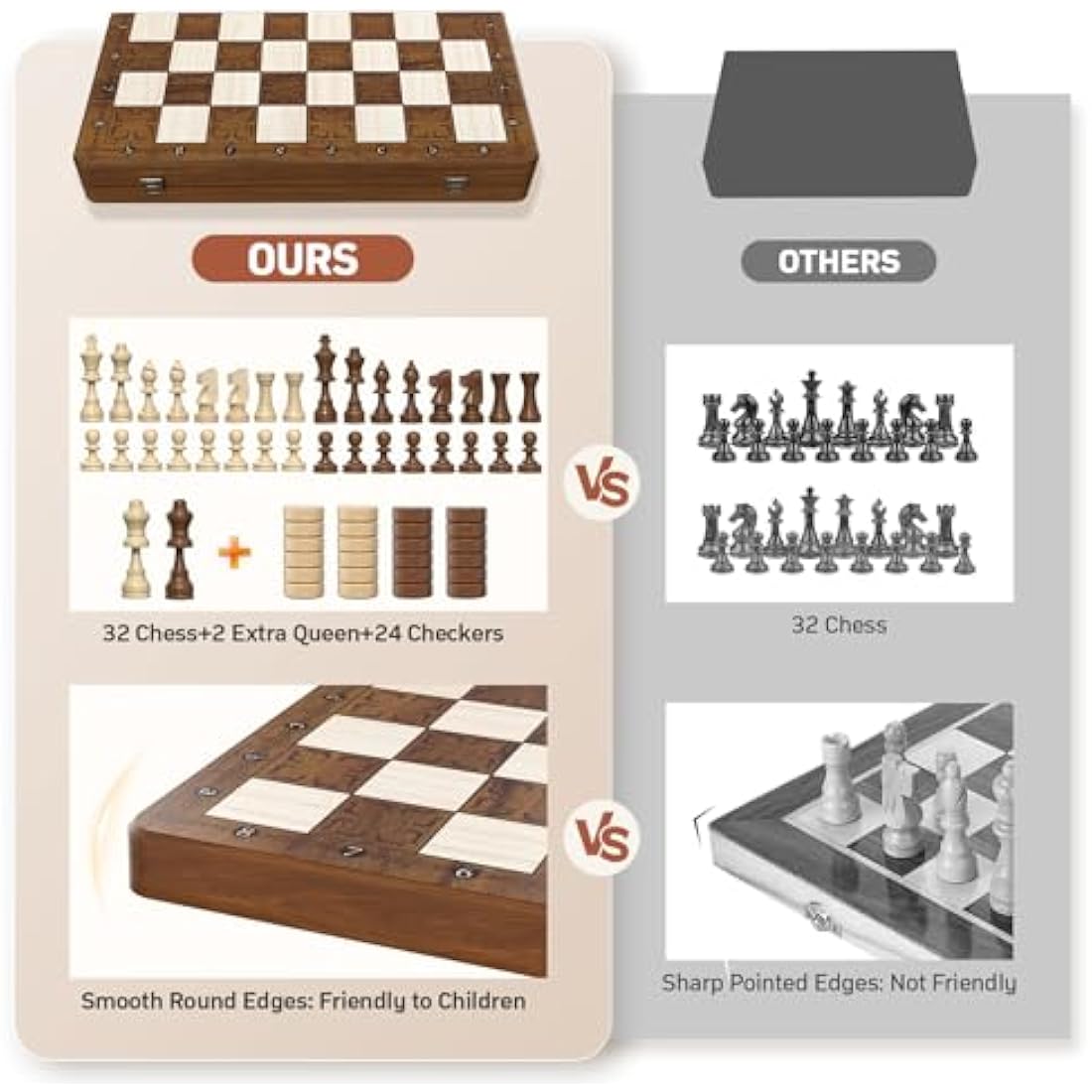 Sarr Klith 16" Wooden Magnetic Chess and Checkers Set | Foldable 2-in-1