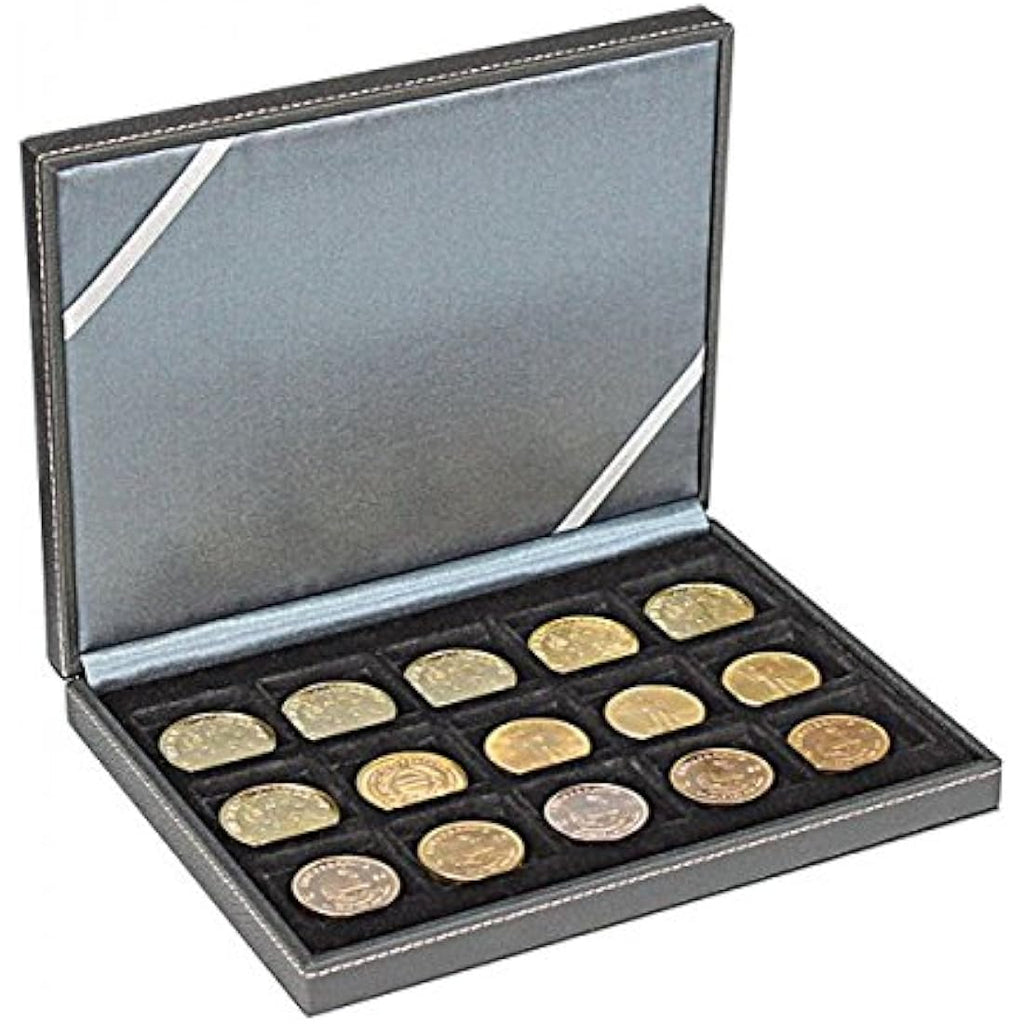 LINDNER Coin Case - 15 Compartments for 40mm Coins - Black Leather Look