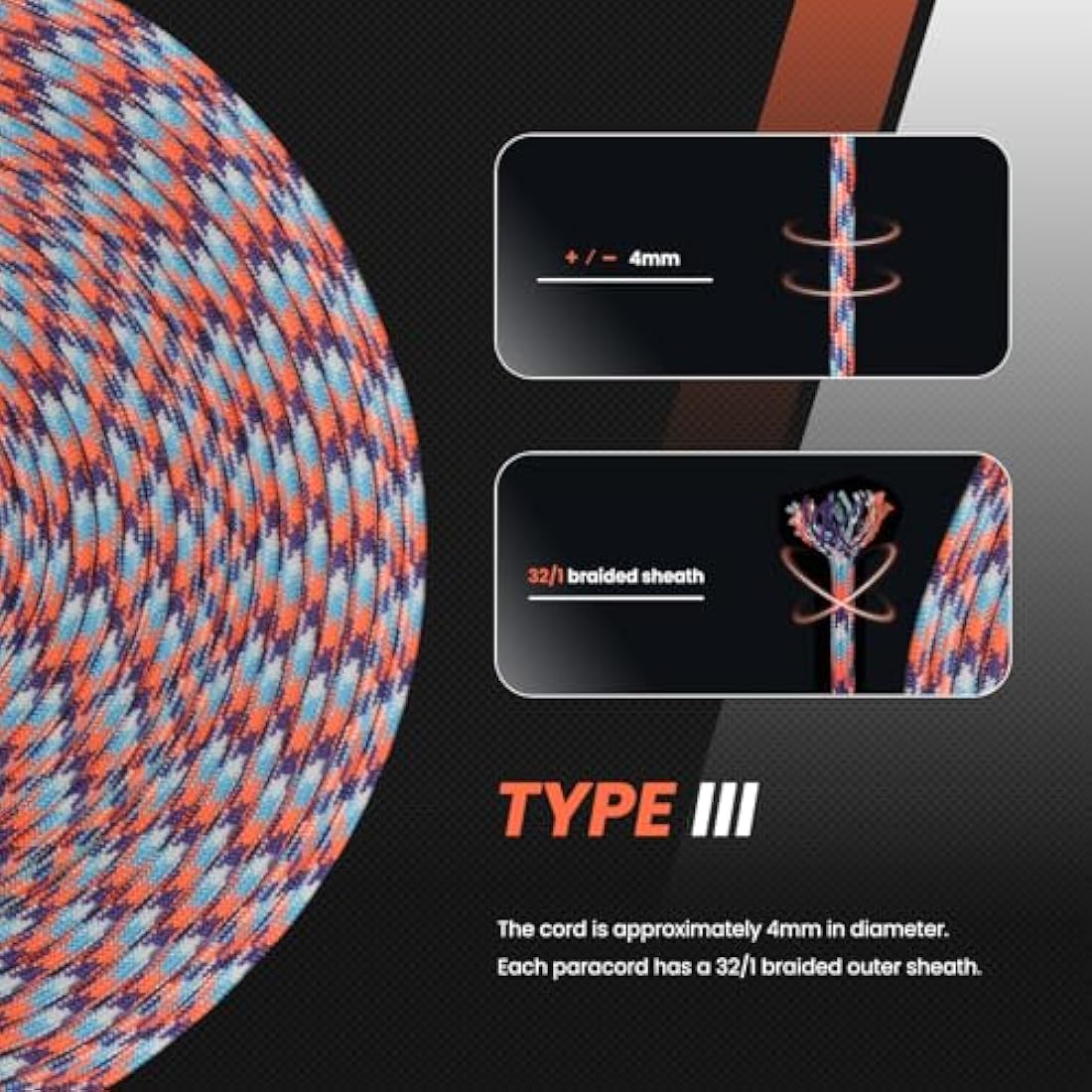Abma Cord 4mm Type III Nylon Paracord - 100m 9-Strand Survival Rope