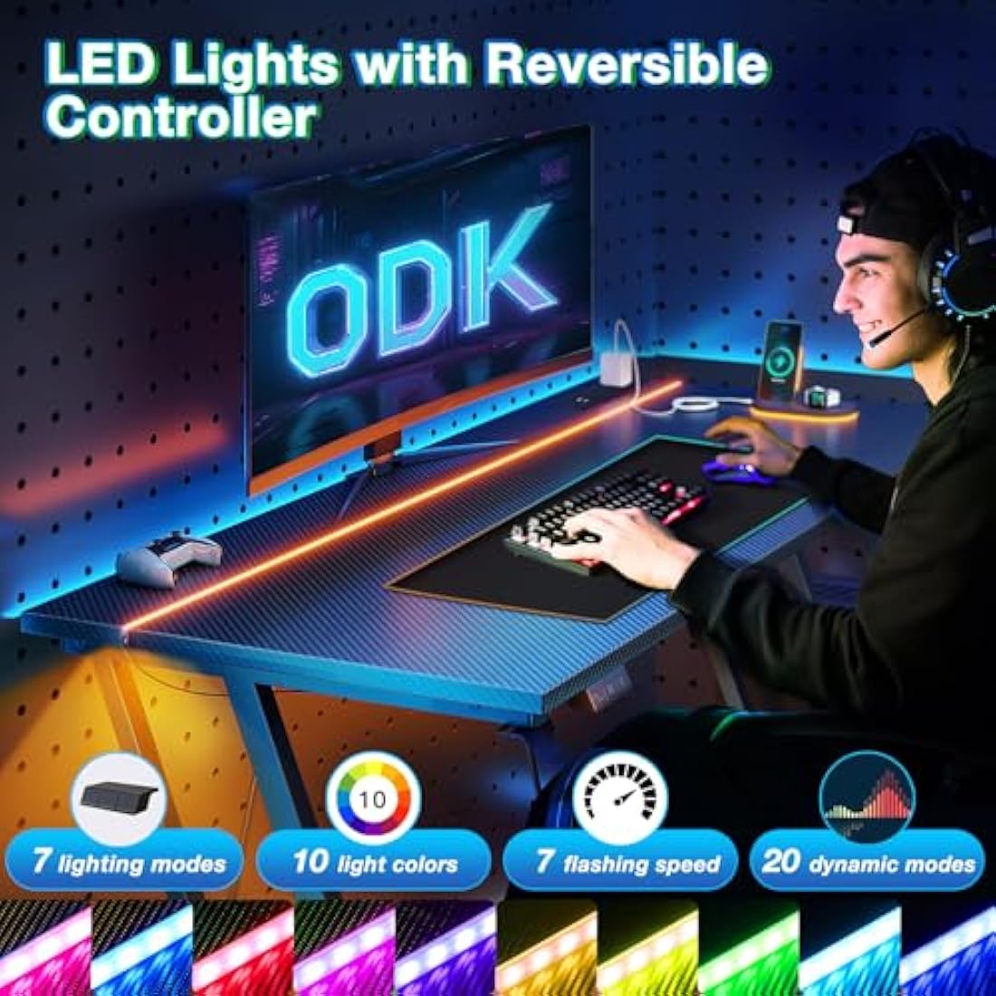 ODK Gaming Desk with LED Lights, Power Outlet & Cup Holder – 100cm