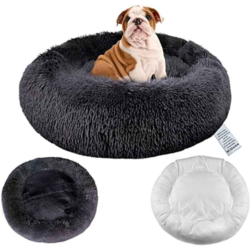 Calming Dog Bed – Washable Faux Fur Anti-Anxiety Bed, Dark Grey