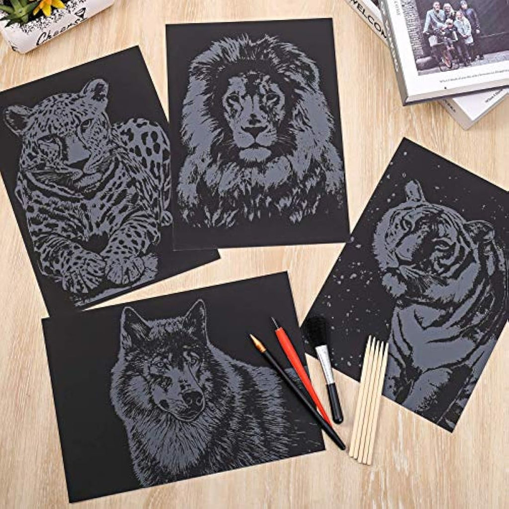 Jolof Store 8PCS A4 Scratch Art Paper Set – Rainbow Animal Engraving Kit