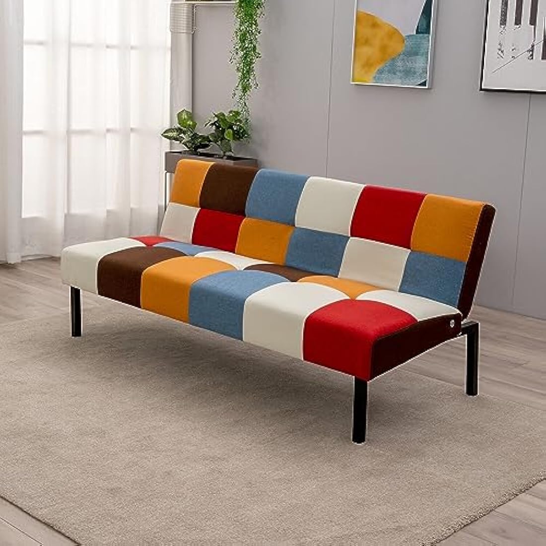 Modern Rainbow Patchwork Click Clack Sofa Bed Sleeper Settee