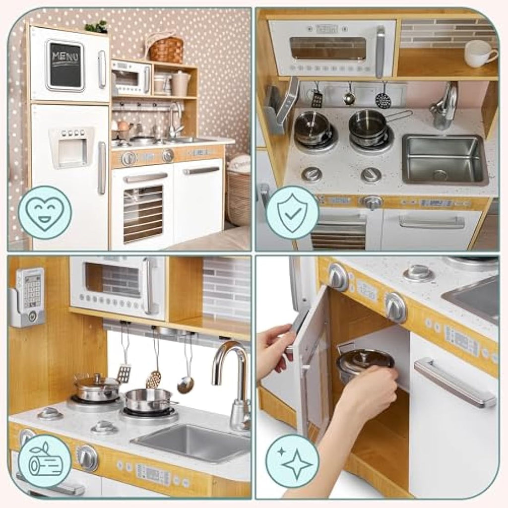 Wooden Play Kitchen for Kids with LED Lights – Natural Wood