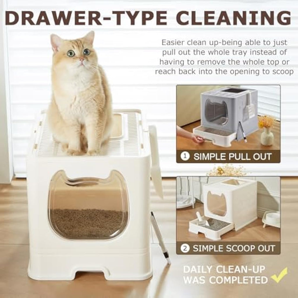 Pawsayes Cat Litter Box – Foldable Top Entry Tray with Drawer and Scoop