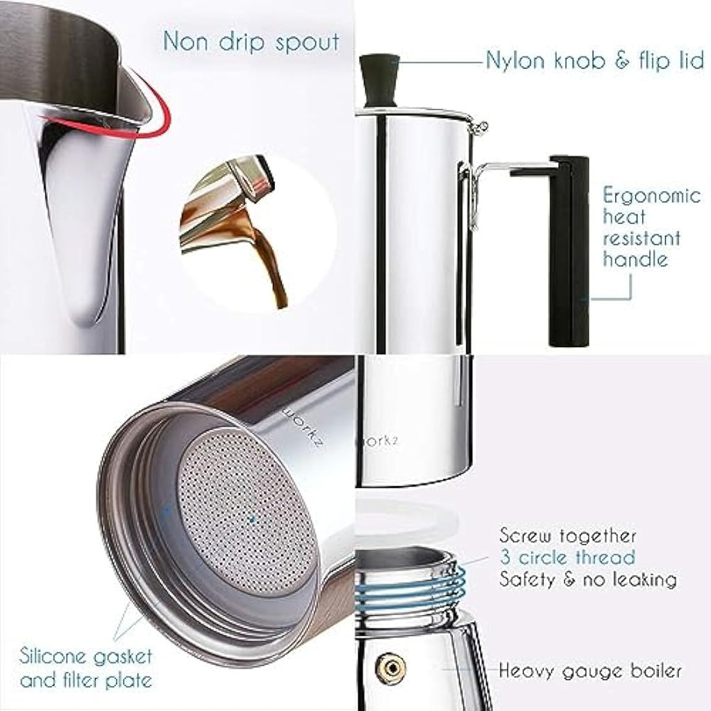 Easyworkz 6-Cup Stainless Steel Stovetop Espresso Maker | Induction Moka Pot
