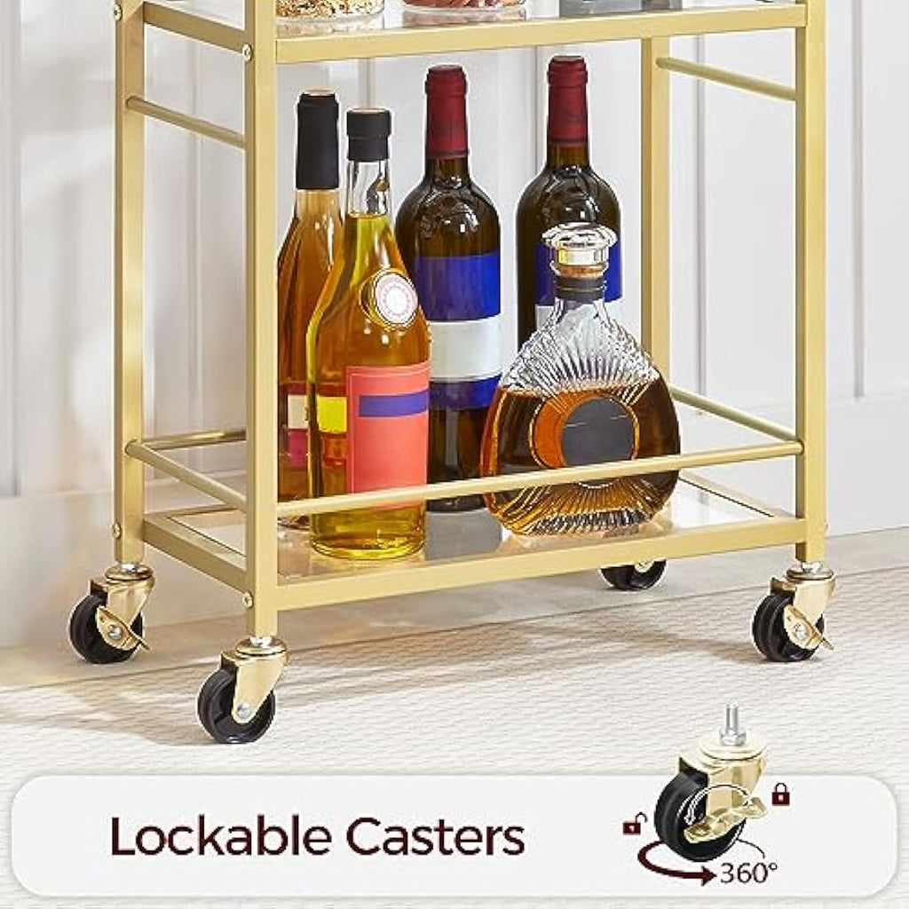 MAHANCRIS 3-Tier Gold Bar Cart | Tempered Glass Rolling Serving Trolley