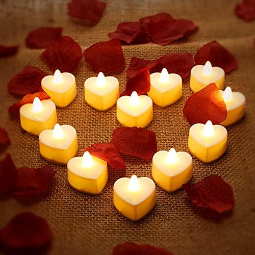 Heart LED Tealight Candles & 200 Silk Rose Petals Set