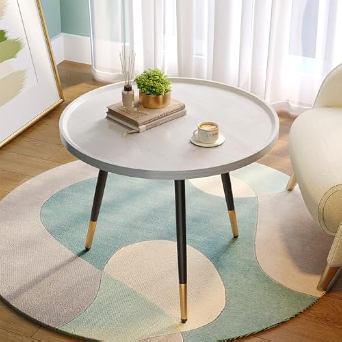 Round Coffee Table – Modern White Wood & Metal Side Table