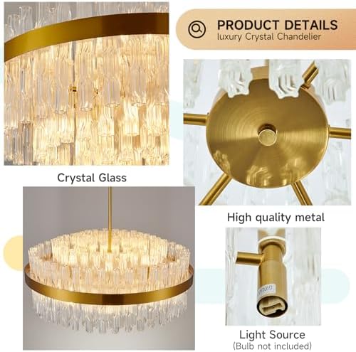 KUNYEEE Gold Crystal Chandelier – 60cm Modern K9 Flush Mount Ceiling Light