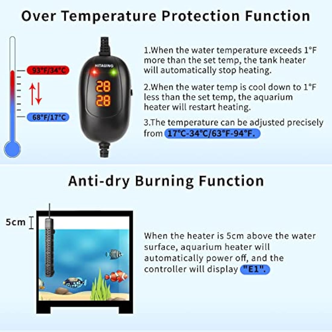 HiTauing Submersible Aquarium Heater | 500W Digital Fish Tank Thermostat