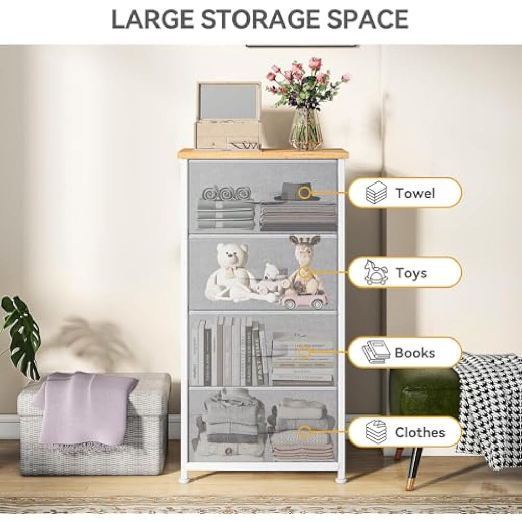 DWVO 4 Fabric Drawer Chest – Steel Frame Bedroom Dresser, Light Grey