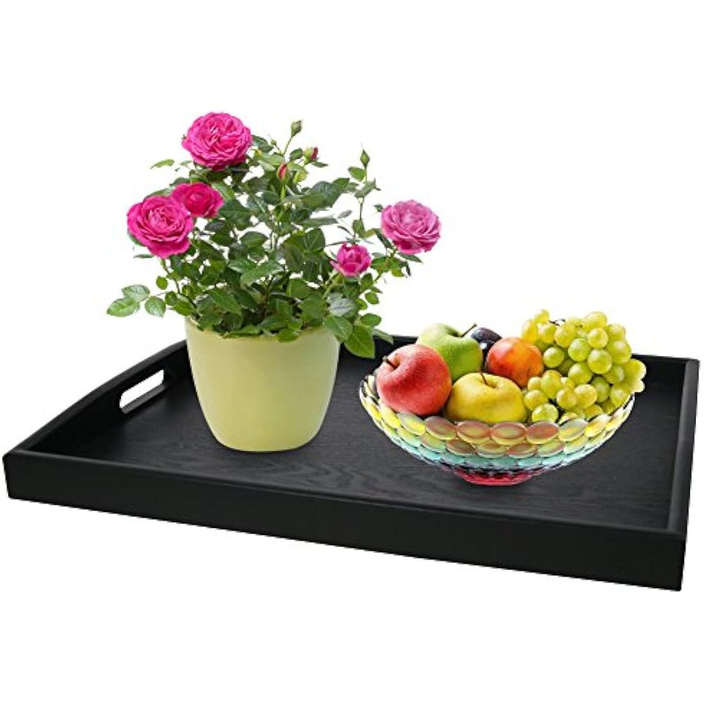 Jolof Store Large Black Ash Wood Serving Tray with Handles - Rectangle