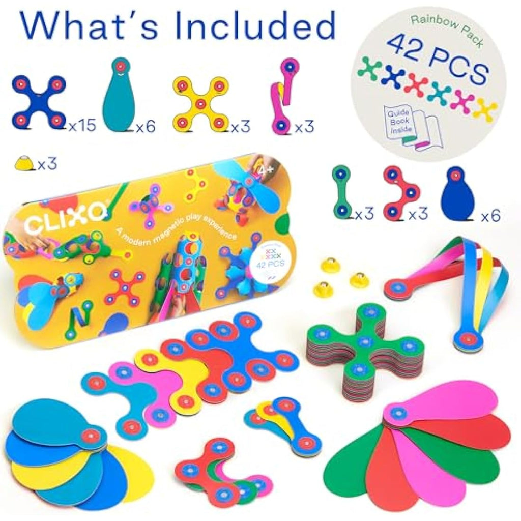 Clixo Rainbow 42 Piece Pack | Magnetic STEM Building Toy for Kids