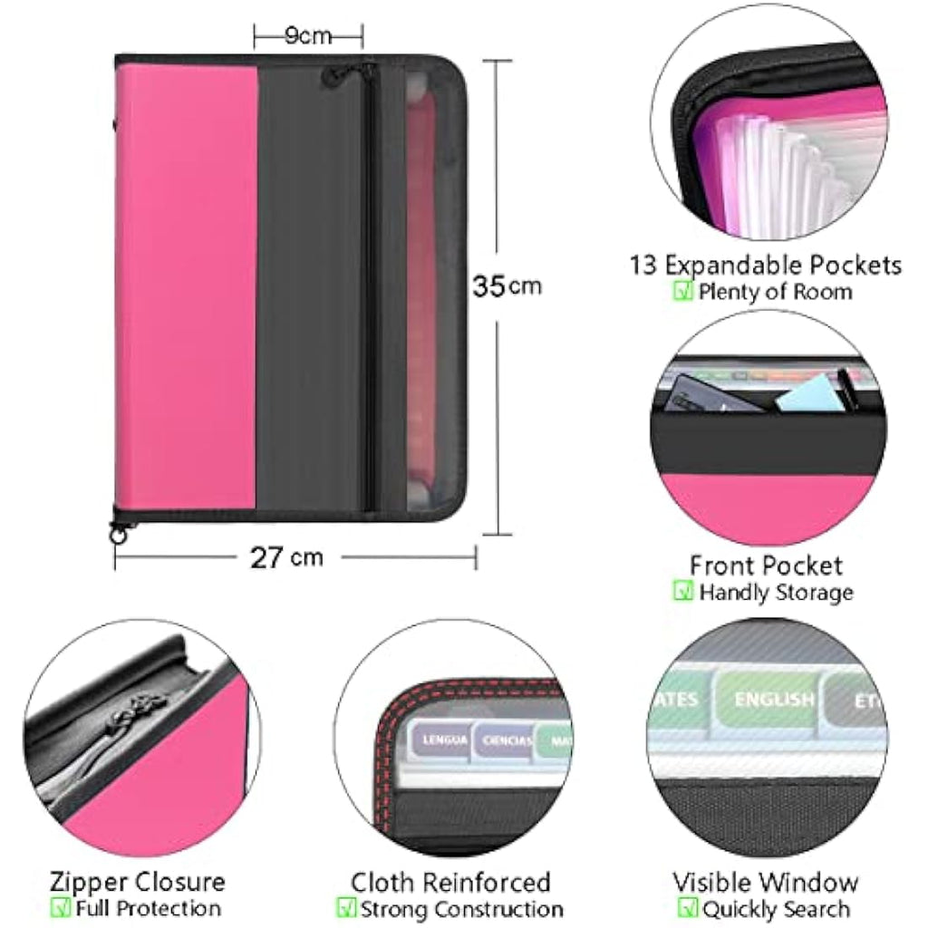 Tranbo 13 Pockets Expanding File Folder | A4 Zippered Document Organizer