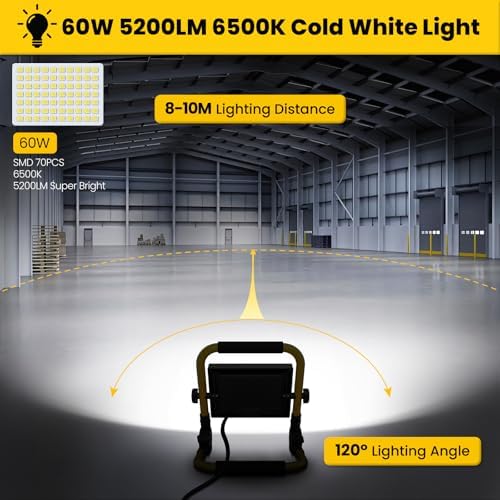 CLV 60W LED Work Light | 5200LM Portable Folding Floodlight | 5M Cable