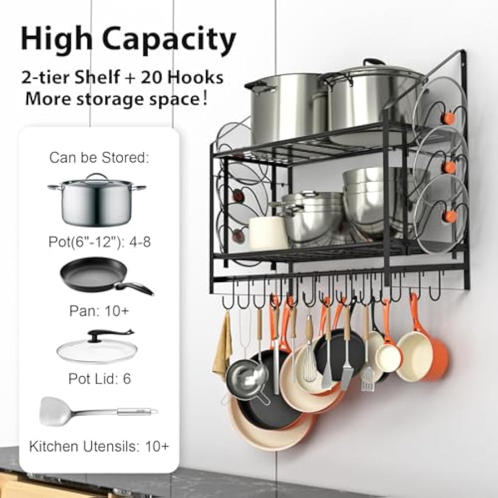 VyGrow 2-Tier Wall Mounted Pot Rack | Heavy Duty Steel Pan Organizer