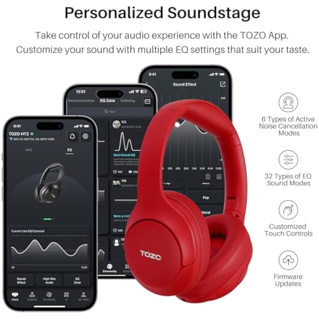 TOZO HT2 Hybrid Active Noise Cancelling Over Ear Wireless Headphones