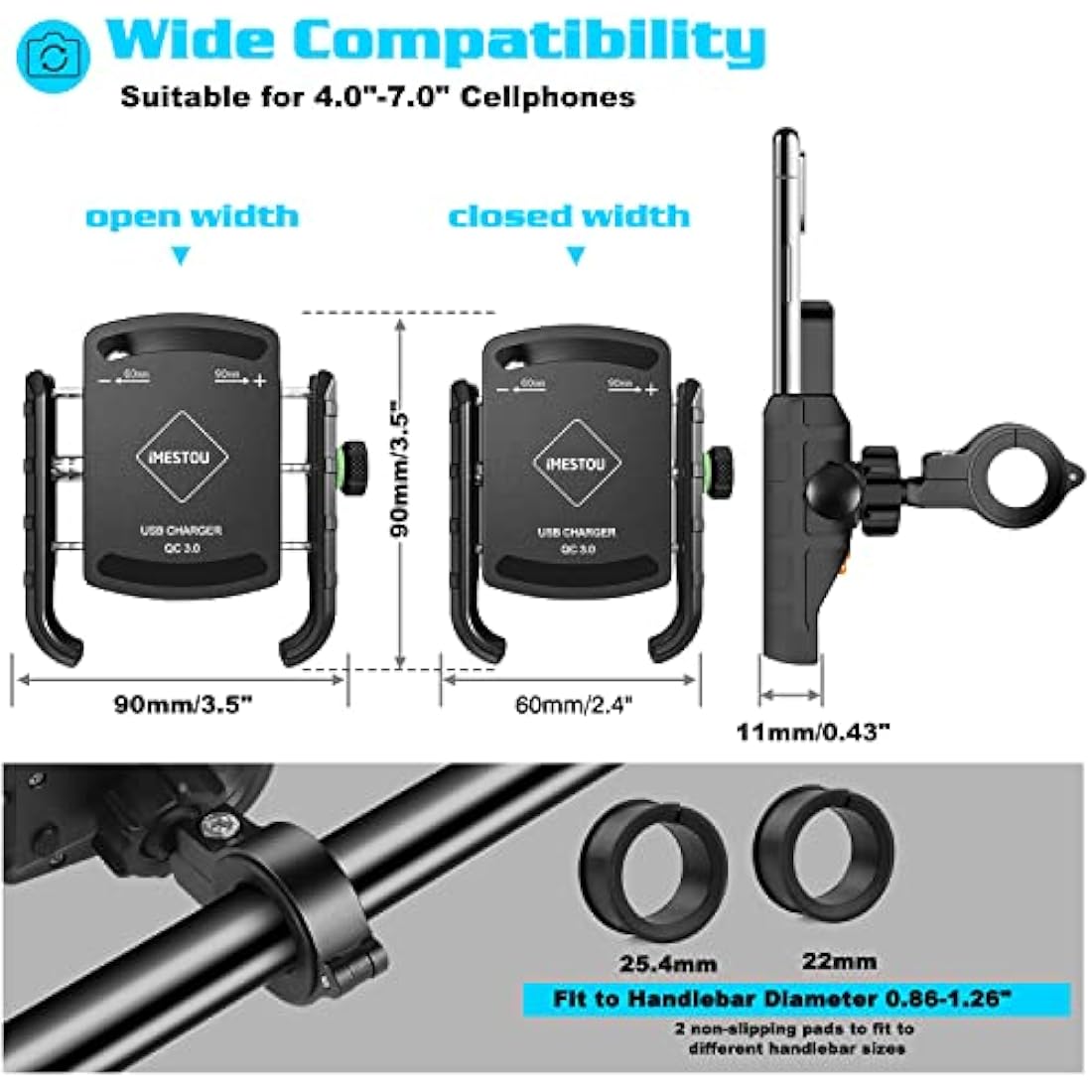iMESTOU Aluminum Motorcycle Phone Mount with USB Charger | 4.0-6.8" Devices