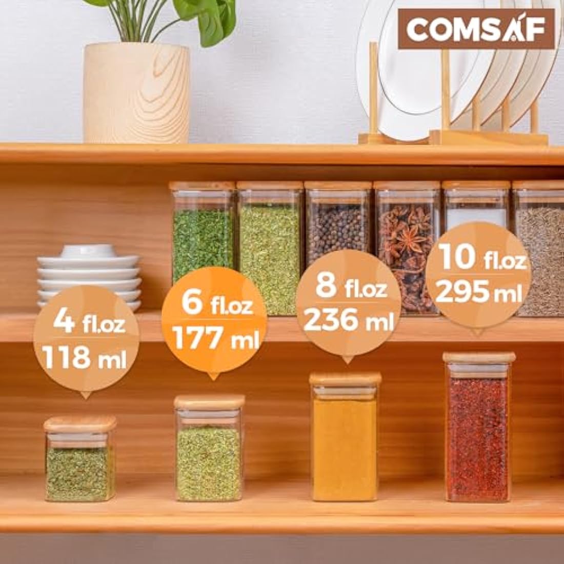 ComSaf 16 Pcs Glass Spice Jars with Bamboo Lids - 6oz Square Containers