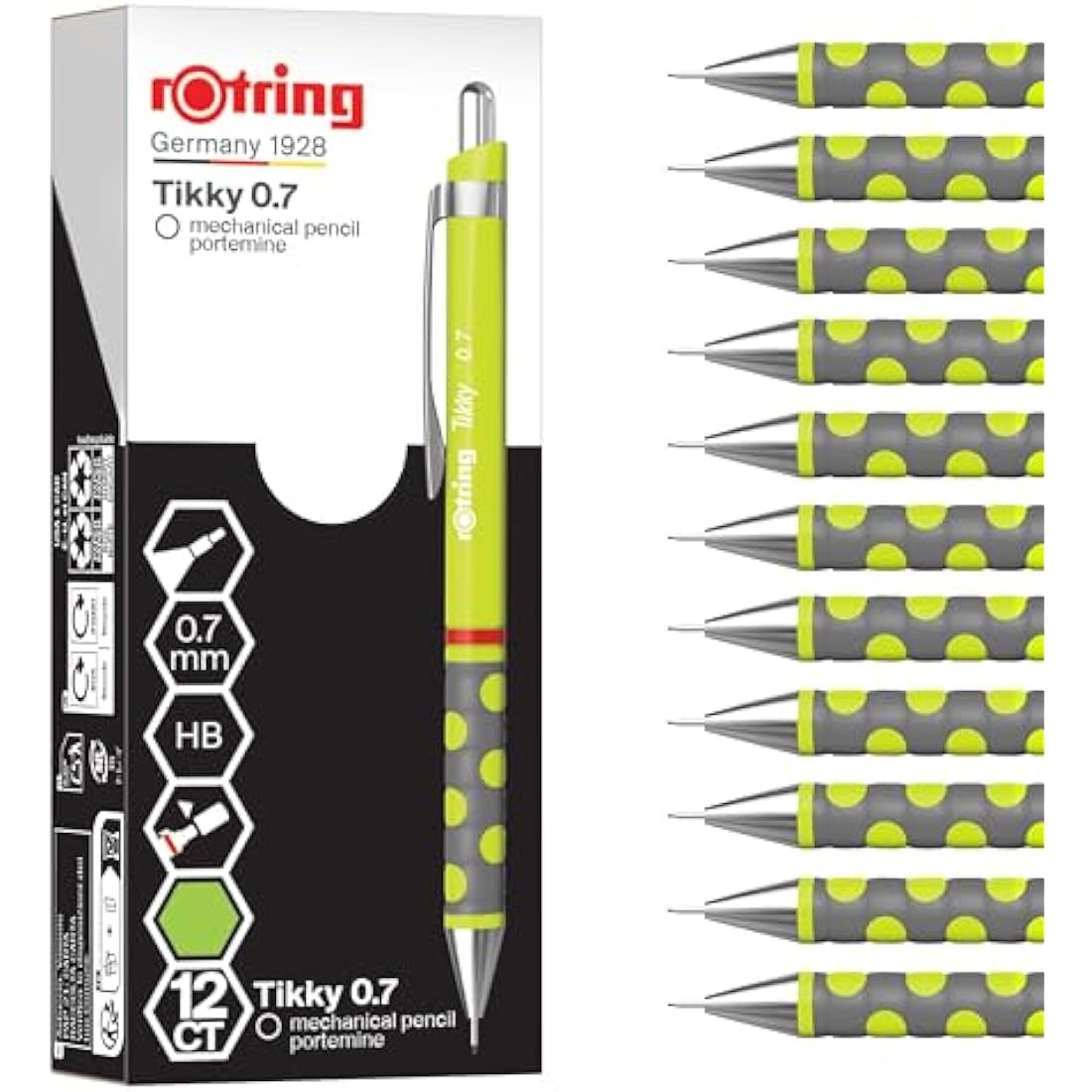 rOtring Tikky Mechanical Pencil - 0.7mm HB Lime Green Barrel - 12 Count