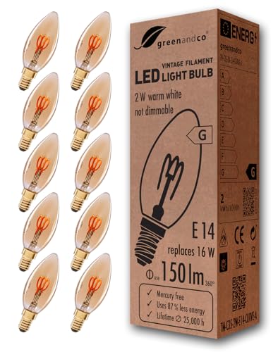 greenandco E14 C35 LED Vintage Filament Bulb | 2000K Warm White | 10-Pack