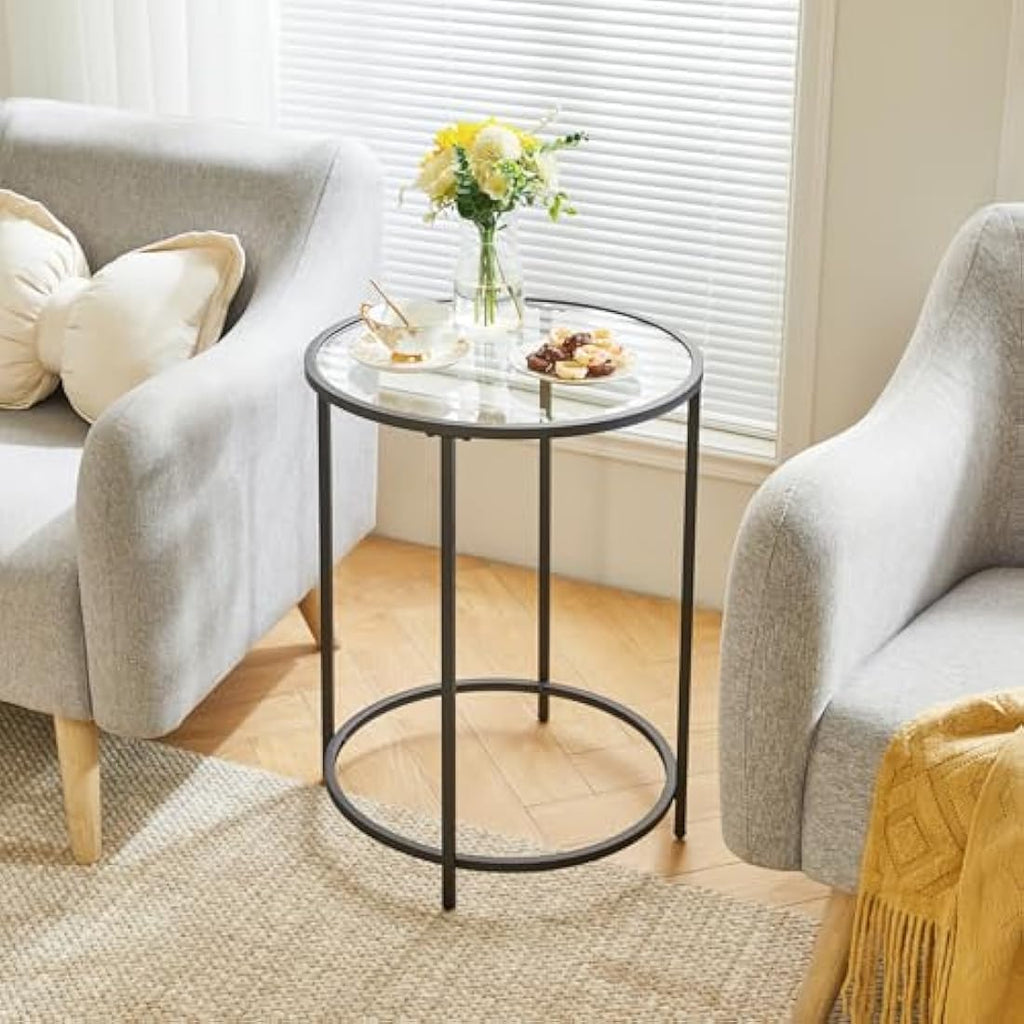 YMYNY Round Side Table | 2-Tier Tempered Glass & Metal Accent Table
