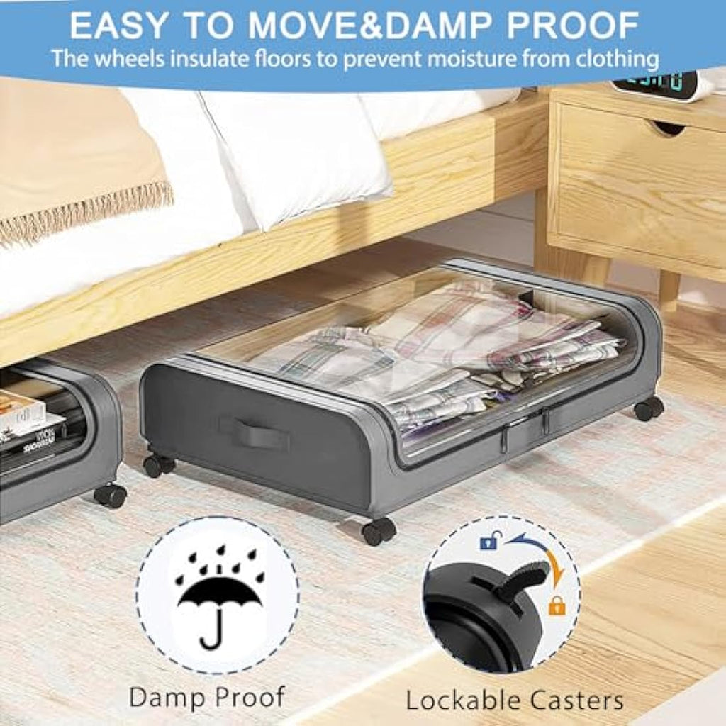2-Pack Under Bed Storage with Wheels | 48L Metal Frame - Grey
