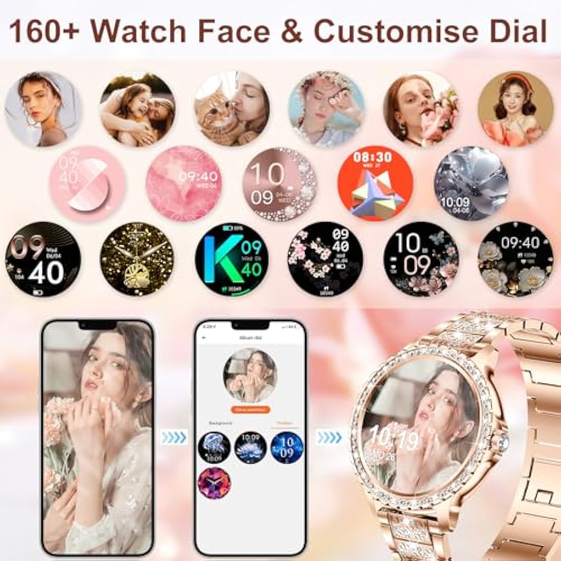 Jolof Store Women's Diamond Smart Watch - Bluetooth Call & Health Tracker