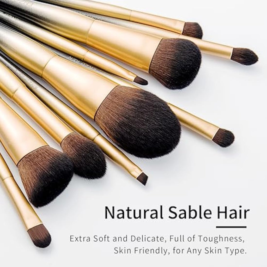 ENZO KEN Natural Sable Hair Makeup Brush Set | Professional 15pc Black Gold