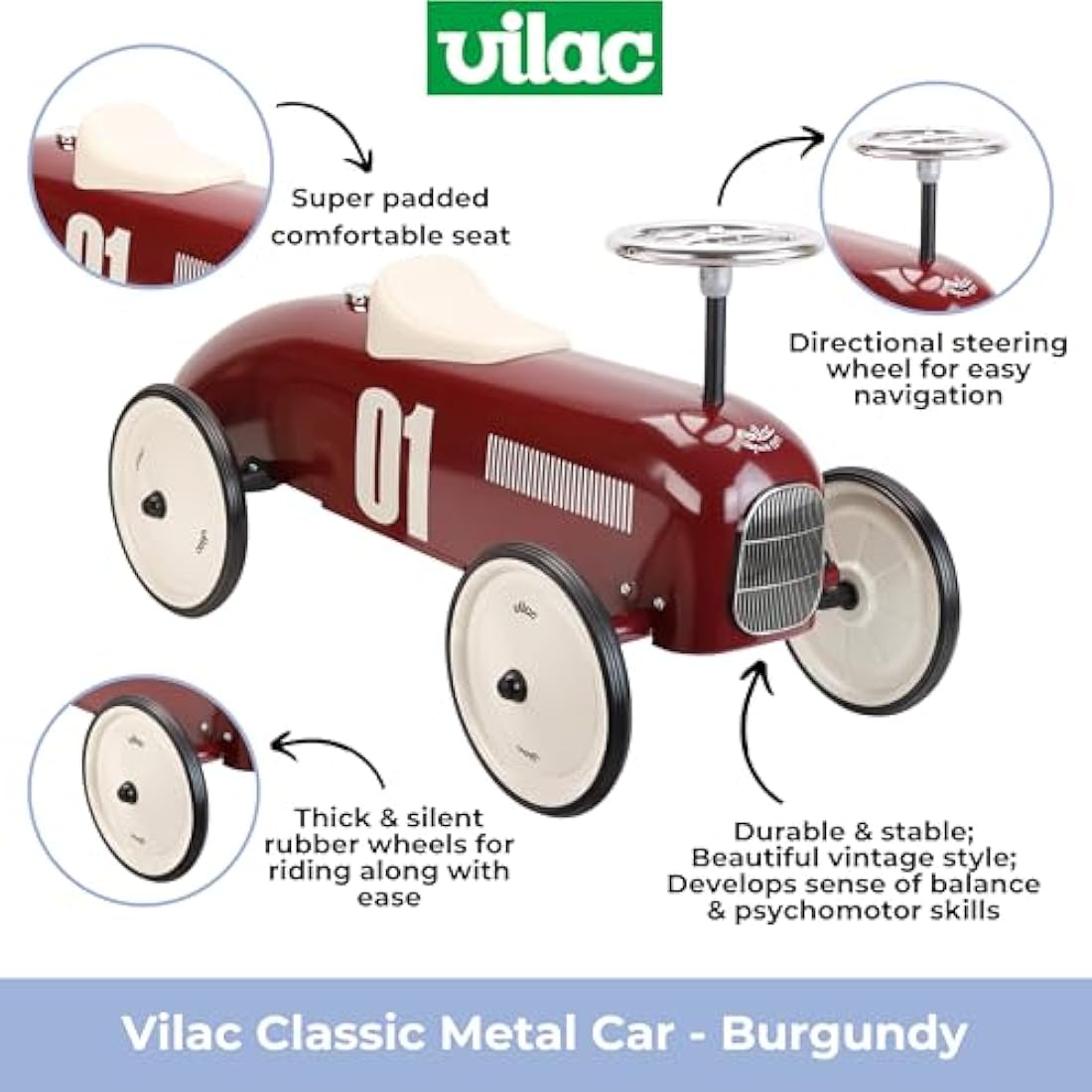 Vilac Vintage Ride-On Car – Burgundy Metal Body with Rubber Wheels