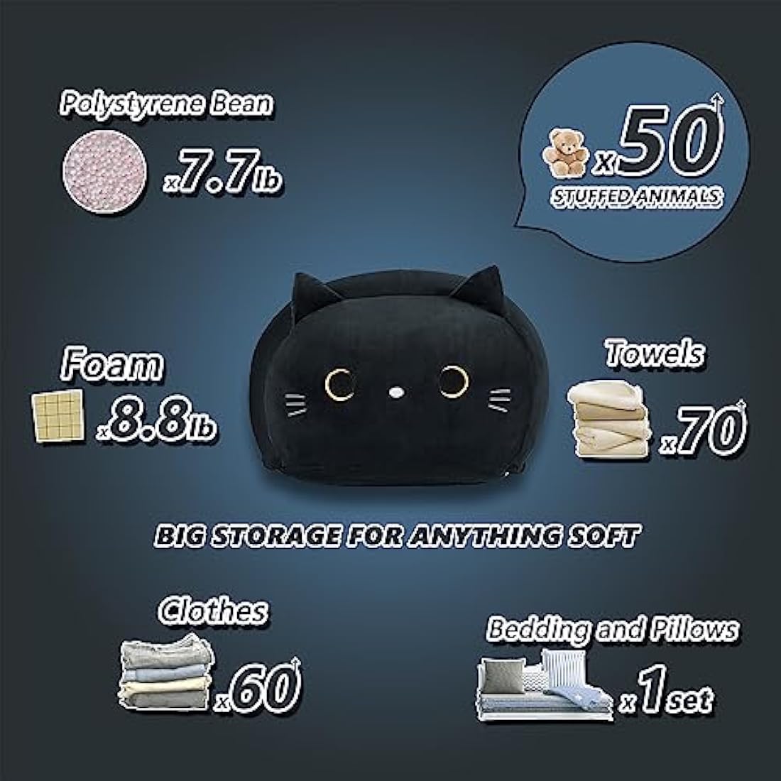 Jolof Store Black Cat Stuffed Animal Storage Bean Bag Chair Cover for Kids