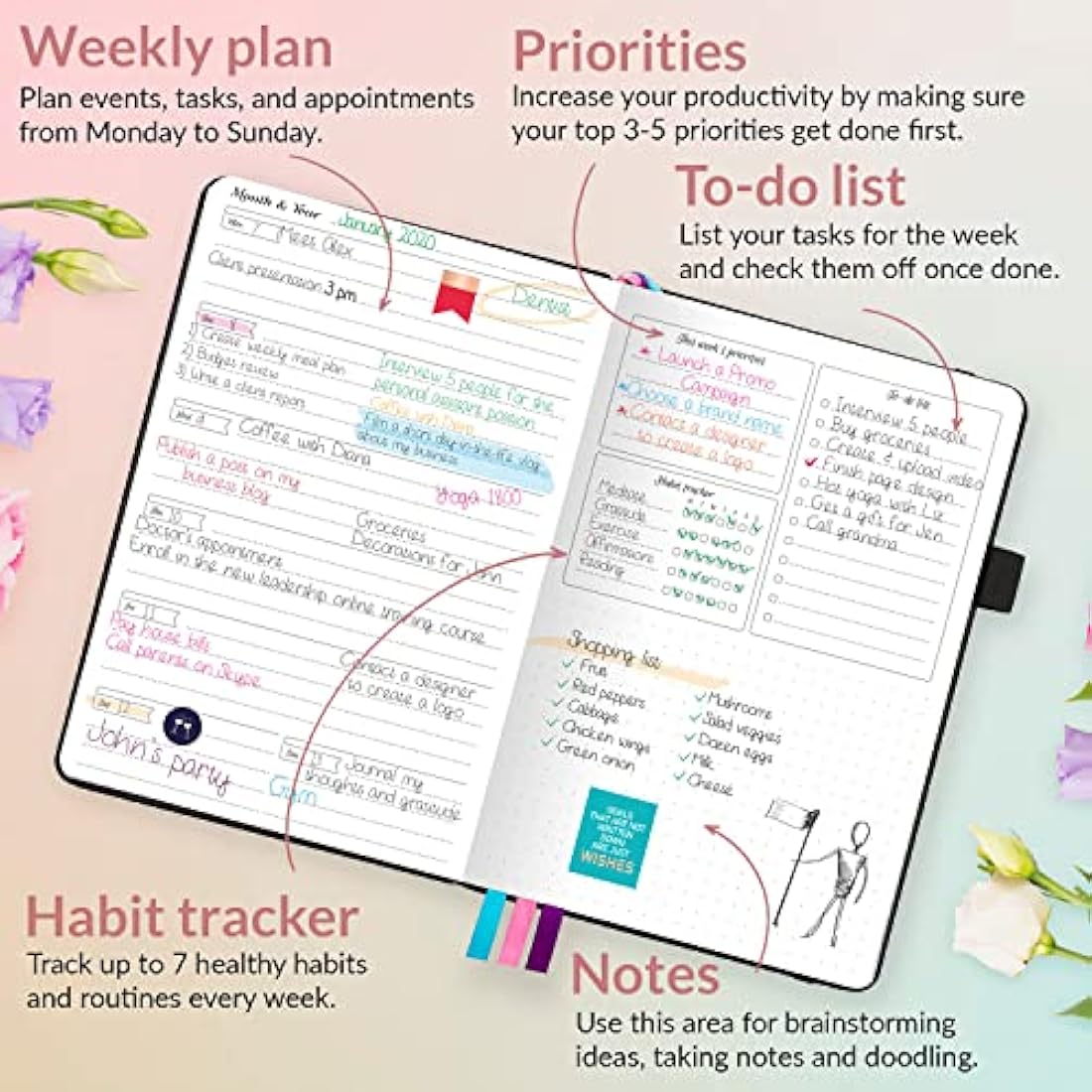 GoGirl Undated Weekly Planner – Compact Eco-Leather Goal Organizer, Black
