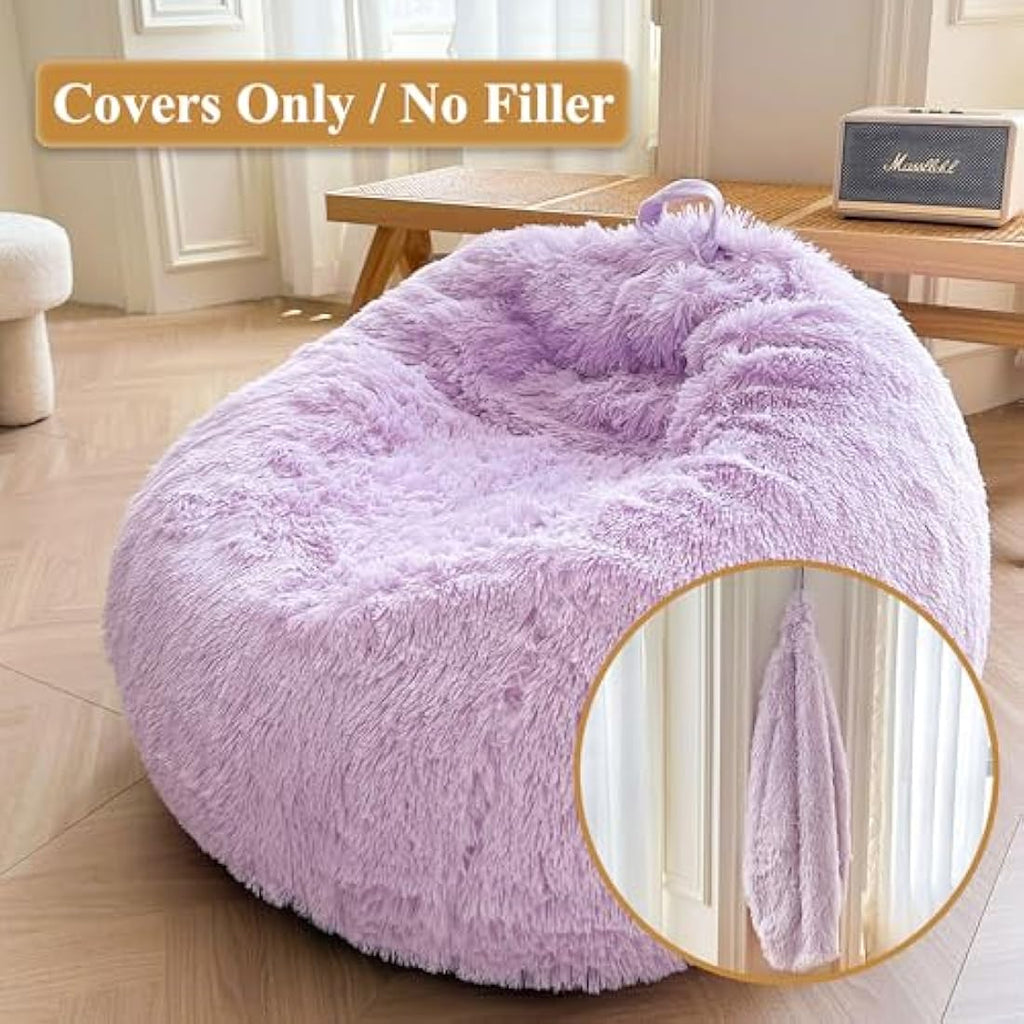 Jolof Store Faux Fur Bean Bag Cover – Fluffy Plush Toy Storage, Lavender