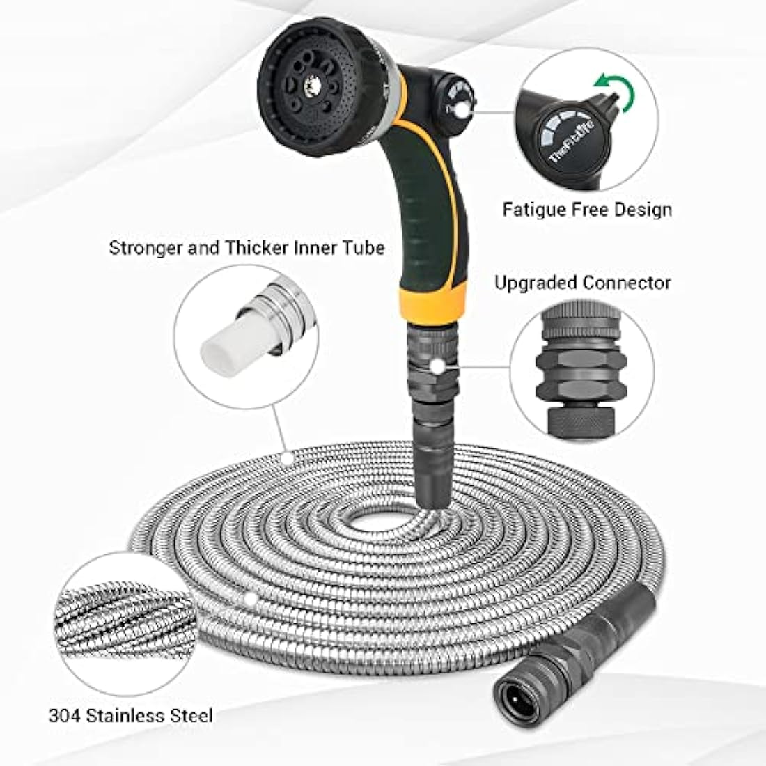 TheFitLife 22m Metal Garden Hose – 304 Stainless Steel with 8-Pattern Nozzle